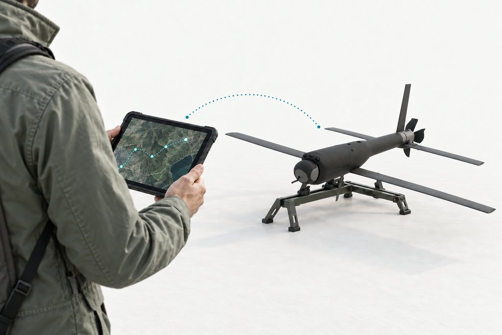 Concept illustration of an operator transferring a route from a rugged tablet to a survey aircraft