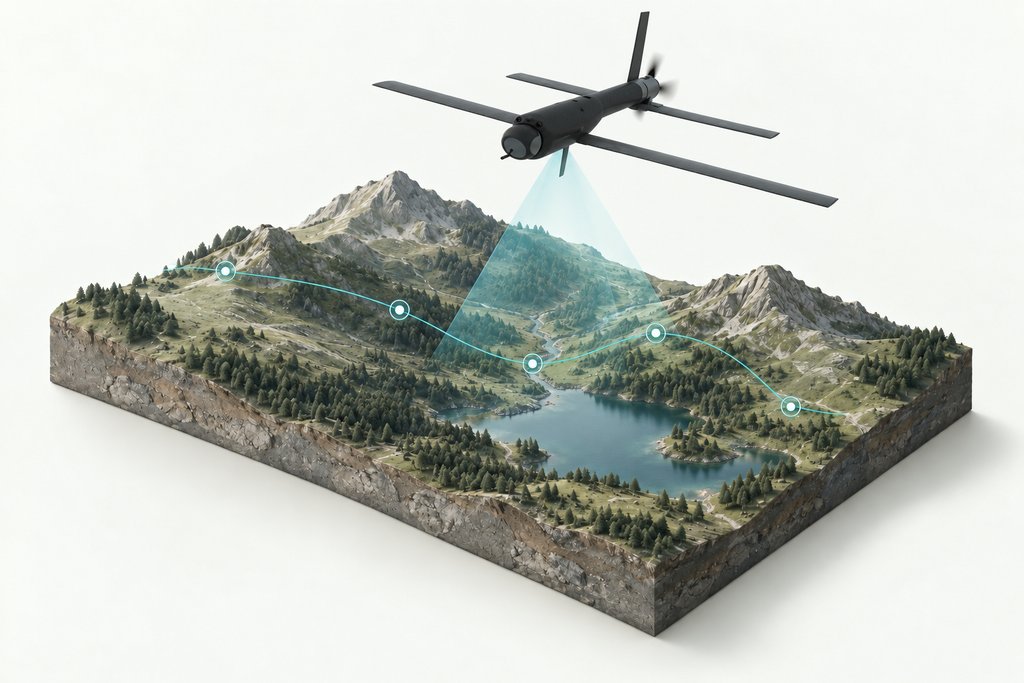 Concept illustration of a survey aircraft sensing terrain above its planned waypoint route