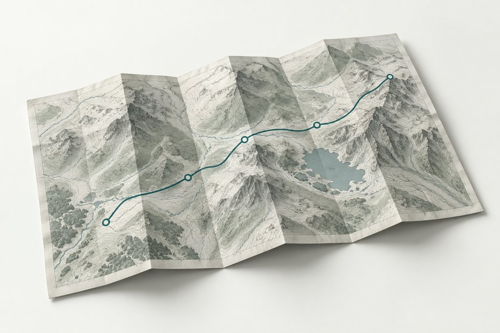 Concept illustration of a folded terrain map with a planned waypoint route