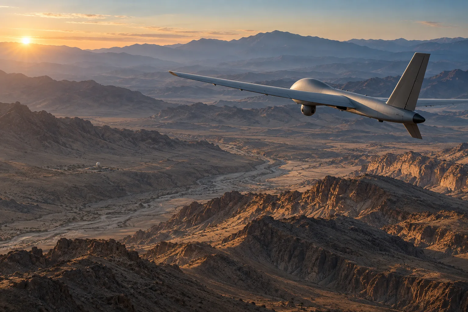 Concept illustration: an unarmed fixed-wing observation drone flying a calm survey over arid sandstone ridgelines and dry channels at dawn.