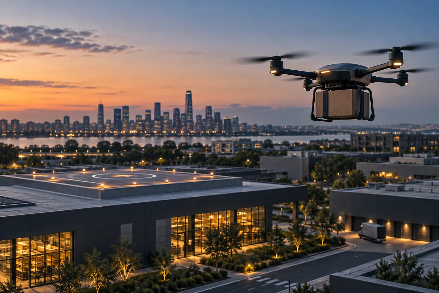 Concept illustration: a four-rotor delivery drone carrying a small cargo box above a low-rise logistics campus in early evening light.