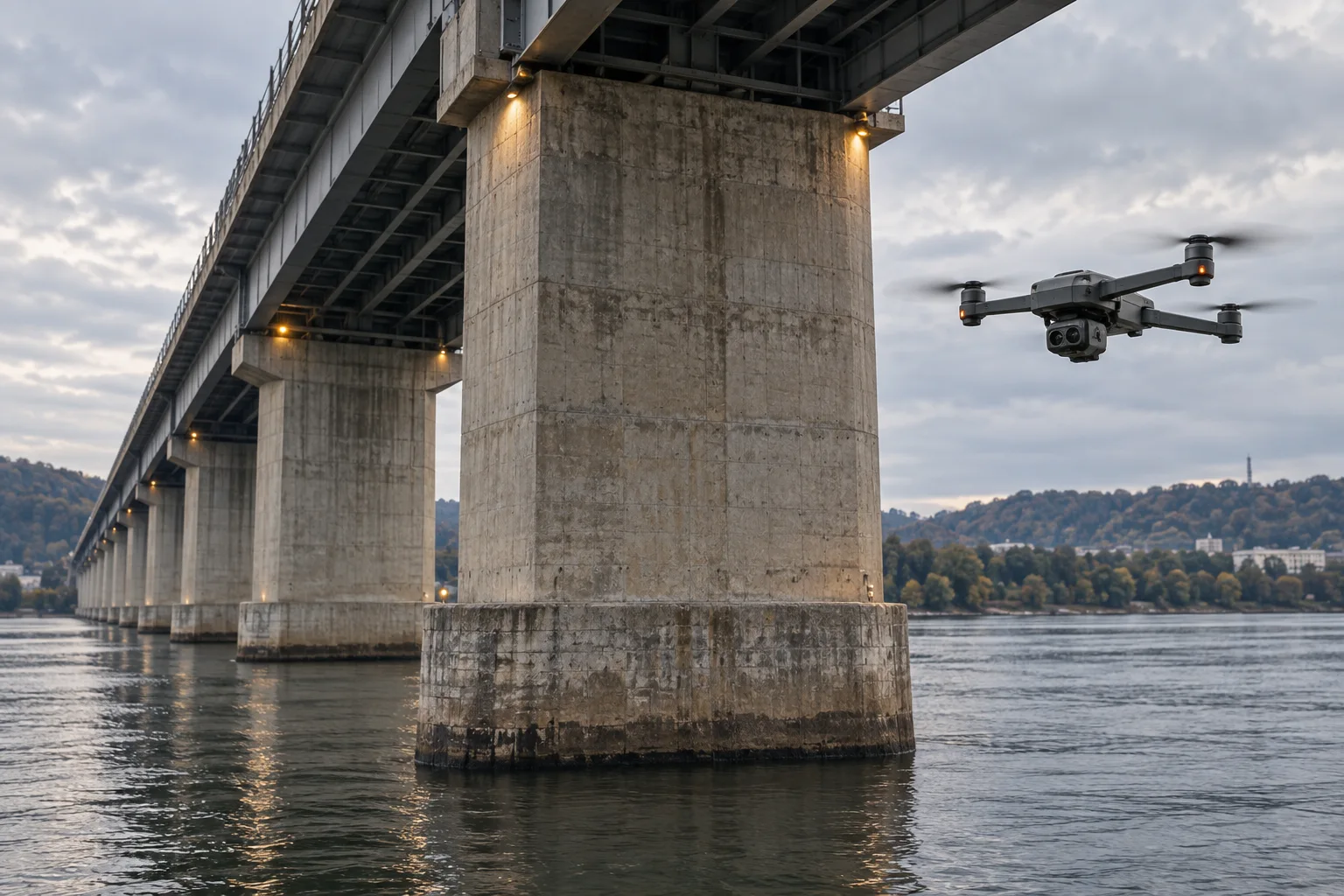 Concept illustration: an inspection quadrotor with a small sensor pod hovering in open air beside a concrete bridge pier over a broad river.