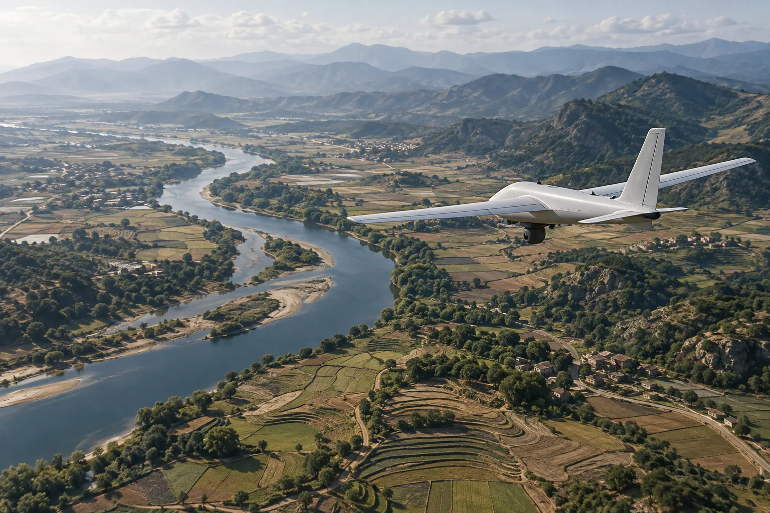 Concept illustration: a fixed-wing mapping drone with an underside sensor pod flying above terraced fields, a winding river and low hills.