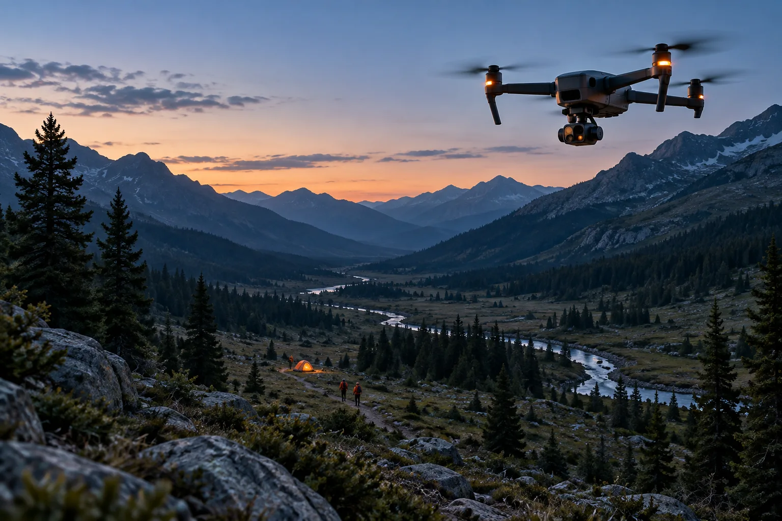 Concept illustration: a rescue quadrotor with a thermal camera pod surveying a mountain valley at blue hour, with a small orange tent and two rescuers on a trail below.